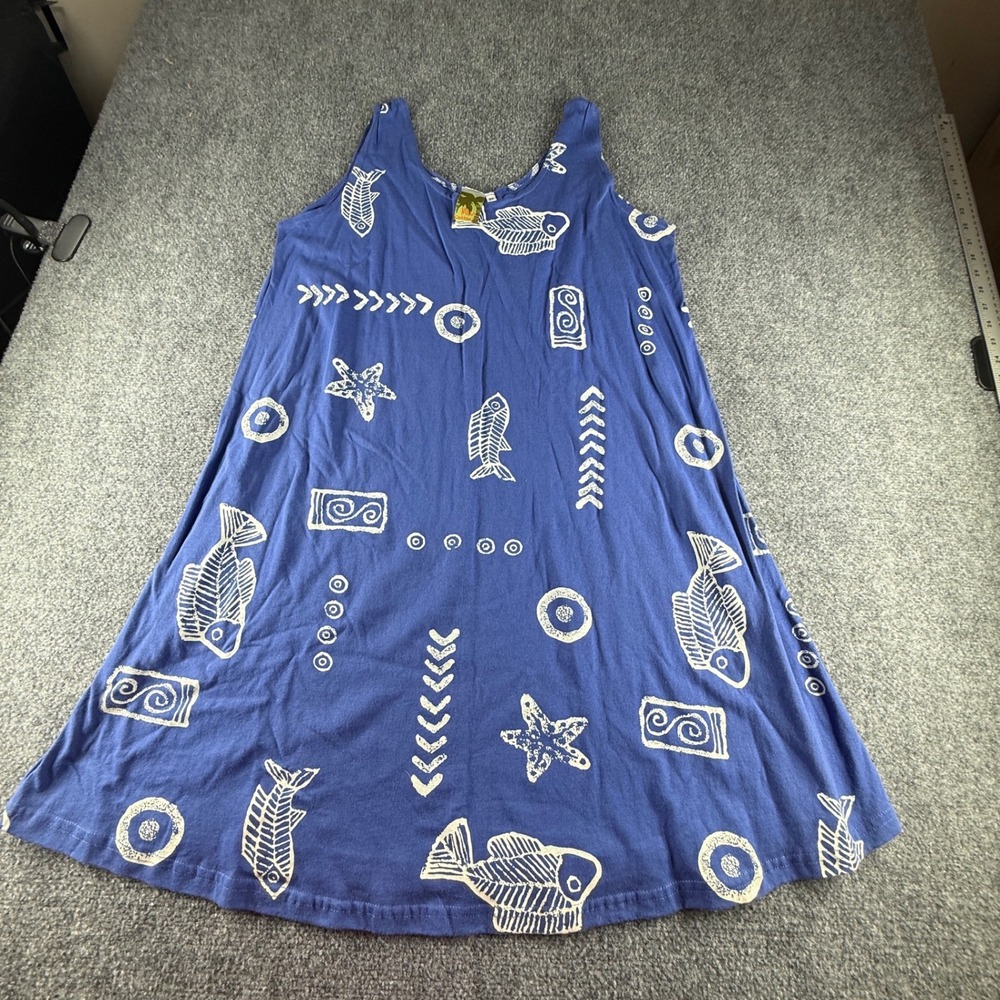 Maui Cotton Co Blue Fish Print Cotton Tank Midi Dress Plus Size 3X Coastal Boho